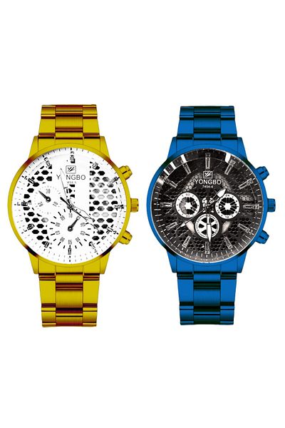 MACON Set of 2 Classic Edition Unisex Analog Watches - Blue and Gold