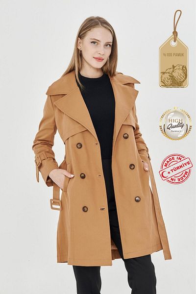 PASTELASTORE 100% Cotton Gabardine Midi (95cm) Lined Belted Women's Trench Coat 1113