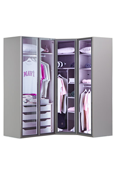 benim odam Elegant 4 Kapılı Gizli Çekmeceli Tamamı Cam Kapaklı Köşe Dolap Genç / Çocuk Odası 835