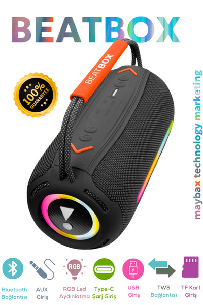Maybax Beatbox Siyah Led Işıklı Dayanıklı Ses Bombası Usb Sd Aux Fm Radyo Blu...