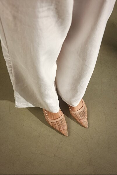 Seniorah Beige Skin Mesh Detailed Pointed Toe Women's Heeled Shoes