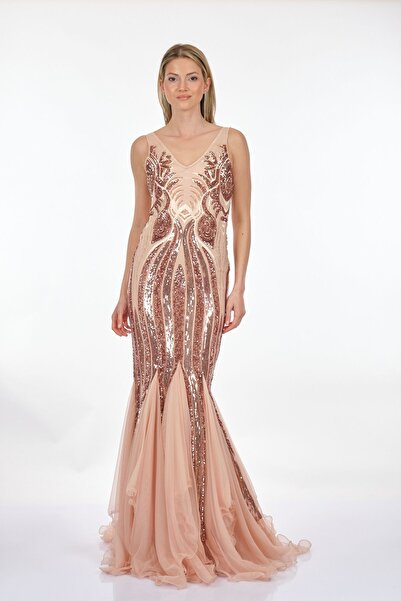 ANKYRA Kadın V Yaka Balık Kesim Pullu Abiye Elbise 23Y1502