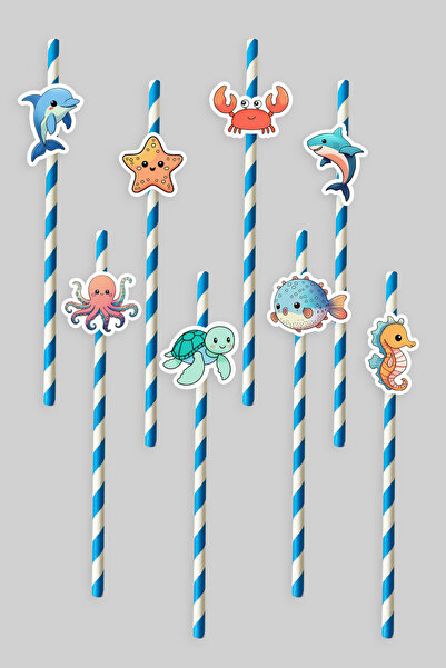 Pretty Deniz Temalı Deniz Canlıları Figürlü Deniz Canlıları Konseptli Renkli Kağıt Pipet Seti (8 ADET)