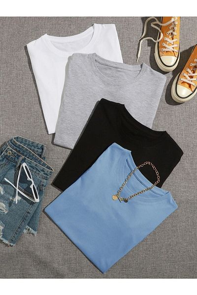DUBU BUTİK Απλό Basic 4-Pecece T-shirt Multi Combination - Μαύρο Γκρι Λευκό και Baby Blue Oversize Crew Neck