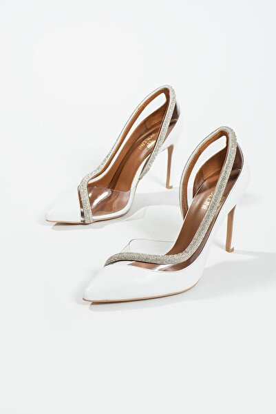 FOLLİNİ Kadın Beyaz Hakiki Deri Taş Detaylı Topuklu Ayakkabı