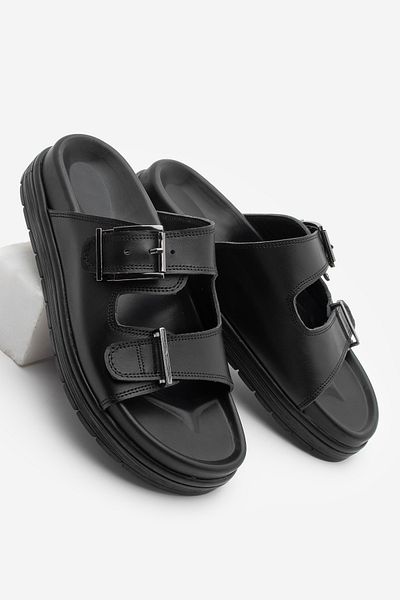 Marjin Women's Genuine Leather Buckle Thick Sole Daily Slippers Pintor Black