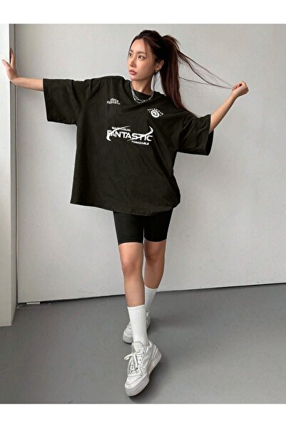 CLAYES Fantastıc Süprem T-Shirt -Siyah Baskılı Oversize Bisiklet Yaka Tişört