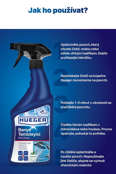 Hueger Veganský čistič koupelen – silný odstraňovač vodního kamene a nečistot, sada 2 kusů s pěnou a rozprašovací hlavicí 750 ml