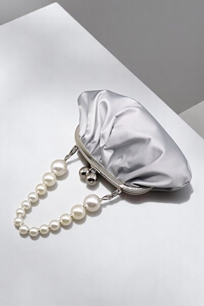 HFKY Γυναικείο σατέν ασημένιο βραδινό φόρεμα με πέρλες Clutch Portfolio Νυχτερινή τσάντα αρραβώνων