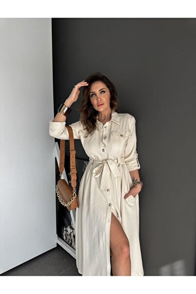 EGZOTİK ASORTİK Safari Model Belted Buttoned Dress