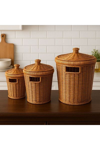 Qerhome 3-Piece Lid Wicker Conical Multi-Purpose Organizer Basket