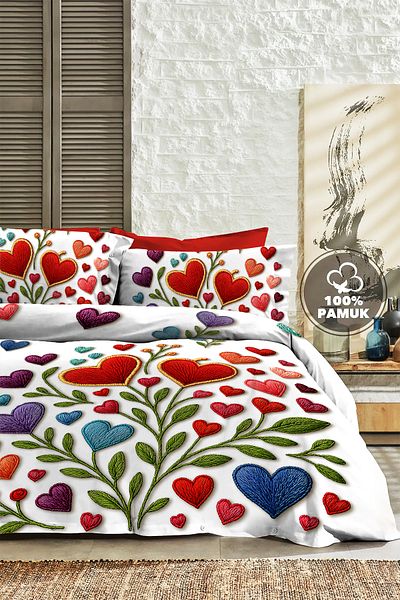 MonoHome 100% Cotton Ranforce Dowry Luxury 5D Digital Double Duvet Cover Set Embroidered Heart