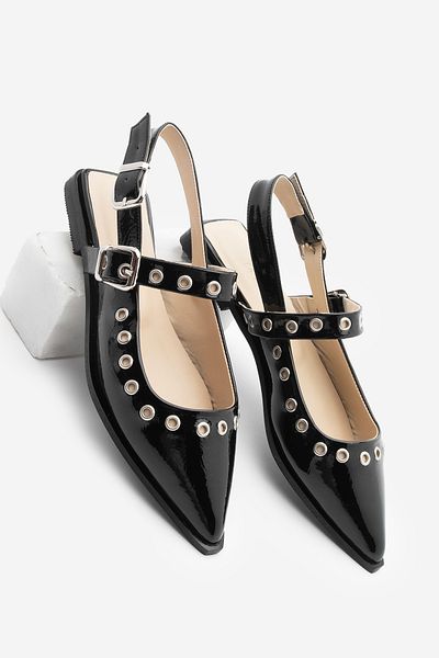 Marjin Damen-Ballerinas mit spitzer Zehenpartie, Trock-Riemchen, offener Rücken, Schal, Daily-Ballerinas, Parzin, schwarzes Lackleder