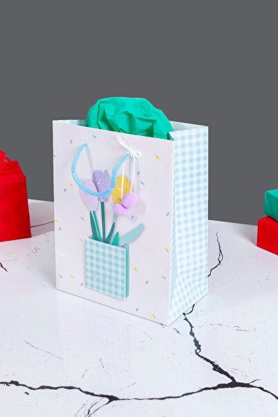 Sarkap Home Özel Tasarım Mavi Saksı Desenli Hediyelik Karton Çanta