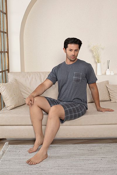 Moon Line Men's Combed Cotton Smoked Plaid Short Sleeve Shorts Pajama Set