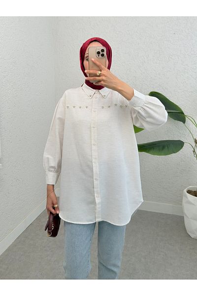 Modamorfo Linen Shirt - Stone and Pearl Embroidered