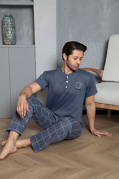 Moon Line Men's Combed Cotton Light Indigo Plaid Short Sleeve Pajama Set