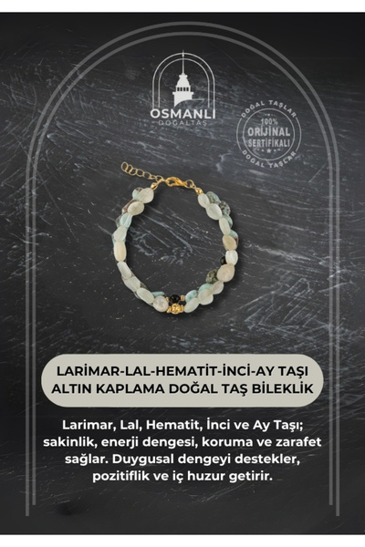OSMANLI DOĞAL TAŞ Larimar-lal-hematit-inci-ay Taşı Altın Kaplama Doğal Taş Bi...