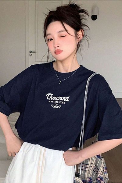 DUBU BUTİK Thousand Single Jersey T-Shirt - Navy Blue Printed Oversize Crew Neck Short Sleeve T-Shirt