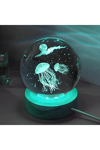 Askımo Led Işıklı 3d Kristal Top Deniz Anası Küre Gece Lambası Ahşap Altlıklı