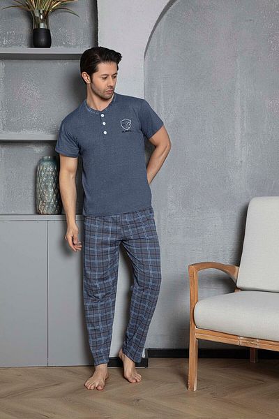 Moon Line Men's Combed Cotton Light Indigo Plaid Short Sleeve Pajama Set