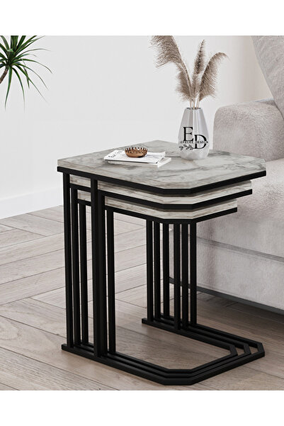 ED Efelez Design Zigon Sehpa , Lyon 3'lü C Zigon Sehpa Takımı , Siyah Metal -...