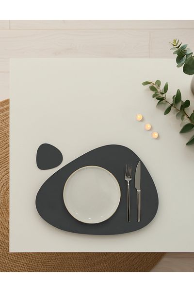 ASDİVA Ellipse Faux Leather Pear Cut American Service Supla 4 Piece Placemats for 2 People - Anthracite
