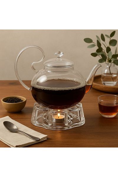 Senin Dükkanın Borosilicate Glass Teapot and Glass Warmer Set with Lilies Non-Drop Lid 800ml