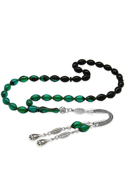 Tesbihane Non-Tarnish Metal Water Drop Tasseled Barley Cut Wrist Length Straining Turquoise-black Fire Amber Prayer Beads