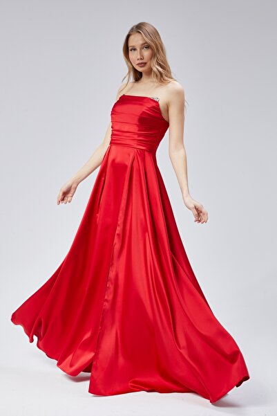 Asees Kadın Abiye Ve Mezuniyet Elbise Taşlı Drape Detaylı Yırtmaçlı Straplez Saten Abiye Elbise