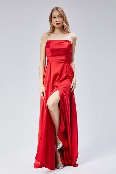 Asees Women's Evening Dress and Graduation Dress Strapless Satin Evening Dress with Rhinestone Drape Detail Slit