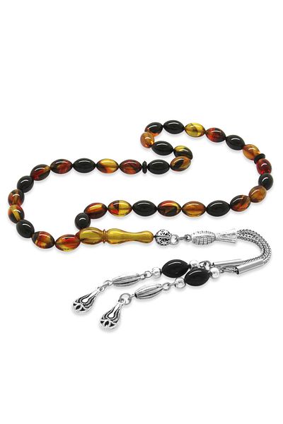 Tesbihane Non-Tarnish Metal Water Drop Tasseled Barley Cut Wrist Size Bala-red Fire Amber Prayer Beads