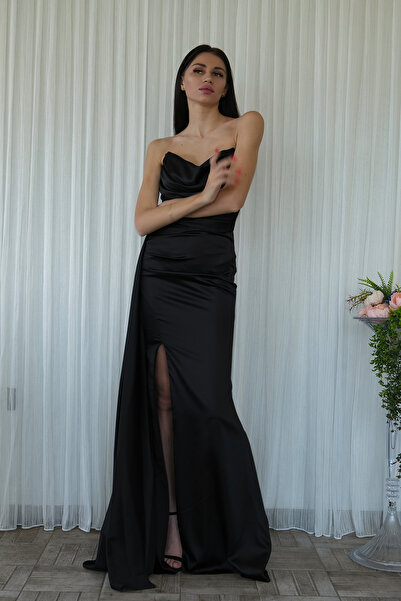belamore Siyah Uzun Straplez Üstü Drapeli Bacak Dekolteli Kadın Abiye Elbise 1607209