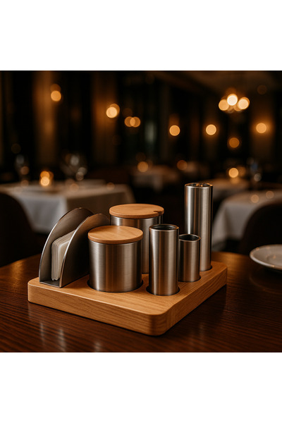 Veliday 6 Bölmeli Ahşap Peçetelik Kürdanlık Tuzluk Baharatlık Seti Lokanta Re...