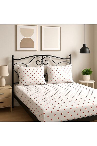 MamCrazy Amour Red Heart 100% Cotton Fitted Sheet Set (Single, Extra Deep 30 cm)