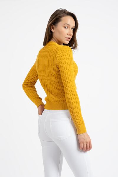 RTD&VLD Kadın Vt113 V Yaka Örgü Desen Triko Kazak Hardal