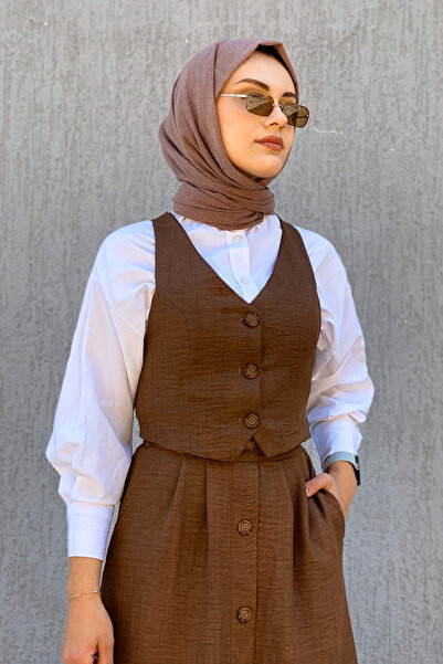 AYBER Kahverengi Keten Yelek Etek Alt Üst Ikili Takım
