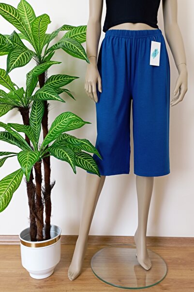 VİP BERA TEKSTİL Kadın Yumuşak Dokulu Sax Mavi Likralı Geniş Paça Bermuda Alt