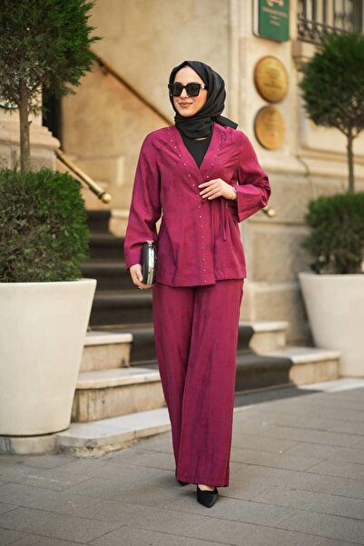 Cardella Kadın Yazlık Modal Kumaş Boncuk Detaylı Bağlamalı Ceket & Pantolon İkili Takım