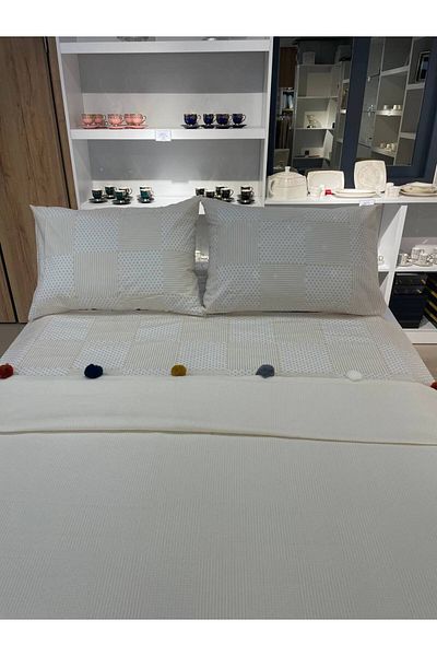 Sudemhome Διπλό Πομπόν Βαμβακερό Προίκα Πικέ Σετ Κρέμα