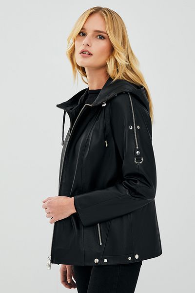 Derimod Judith Women's Black Leather Hooded Coat - 23sgd5045u4