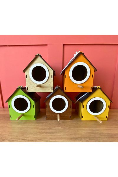 WoodenZoo Wooden Decorative Bird House Nest, Nest, Balcony, Garden Accessory Set of 5