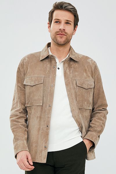 Derimod Men's Beige Suede Leather Jacket - Style Shirt, Model No: 23sgd648310