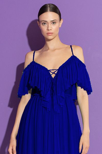 FASHION COCKTAIL Snur Piept Detaliu dantelă Tulle Volanat De pe umăr Rochie de seară zburătoare Invitație Rochie de cocktail Albastru
