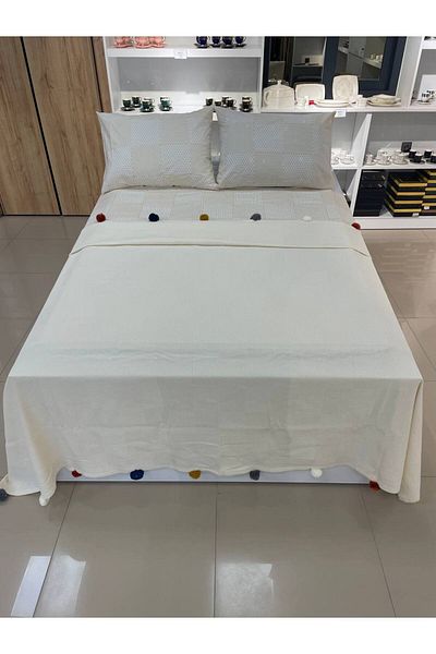 Sudemhome Διπλό Πομπόν Βαμβακερό Προίκα Πικέ Σετ Κρέμα