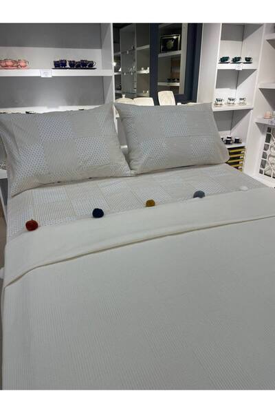 Sudemhome Διπλό Πομπόν Βαμβακερό Προίκα Πικέ Σετ Κρέμα