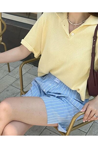 De Pose Polo Yaka Kısa Kollu Sarı Kadın Triko Tişört