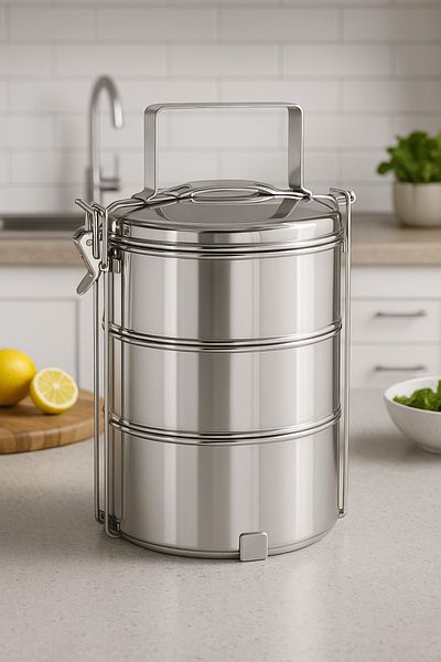 ALMUFARREJ 100% Stainless Steel Lunch Box | Tiffin Box 14 cm (3 Tier ) Tiffin Food Container Lunchbox