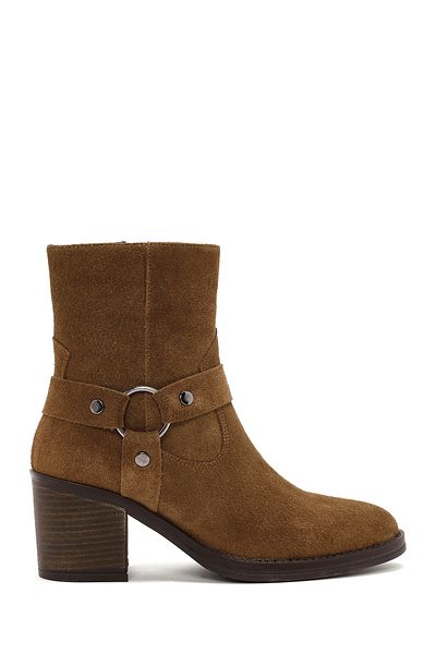 Derimod Women's Tan Heeled Zippered Suede Leather Boots 24Wfd 210810