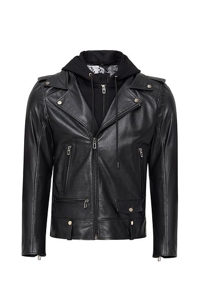 Derimod Butler Men's Black Hooded Biker Leather Jacket 24Wgf6527Ft